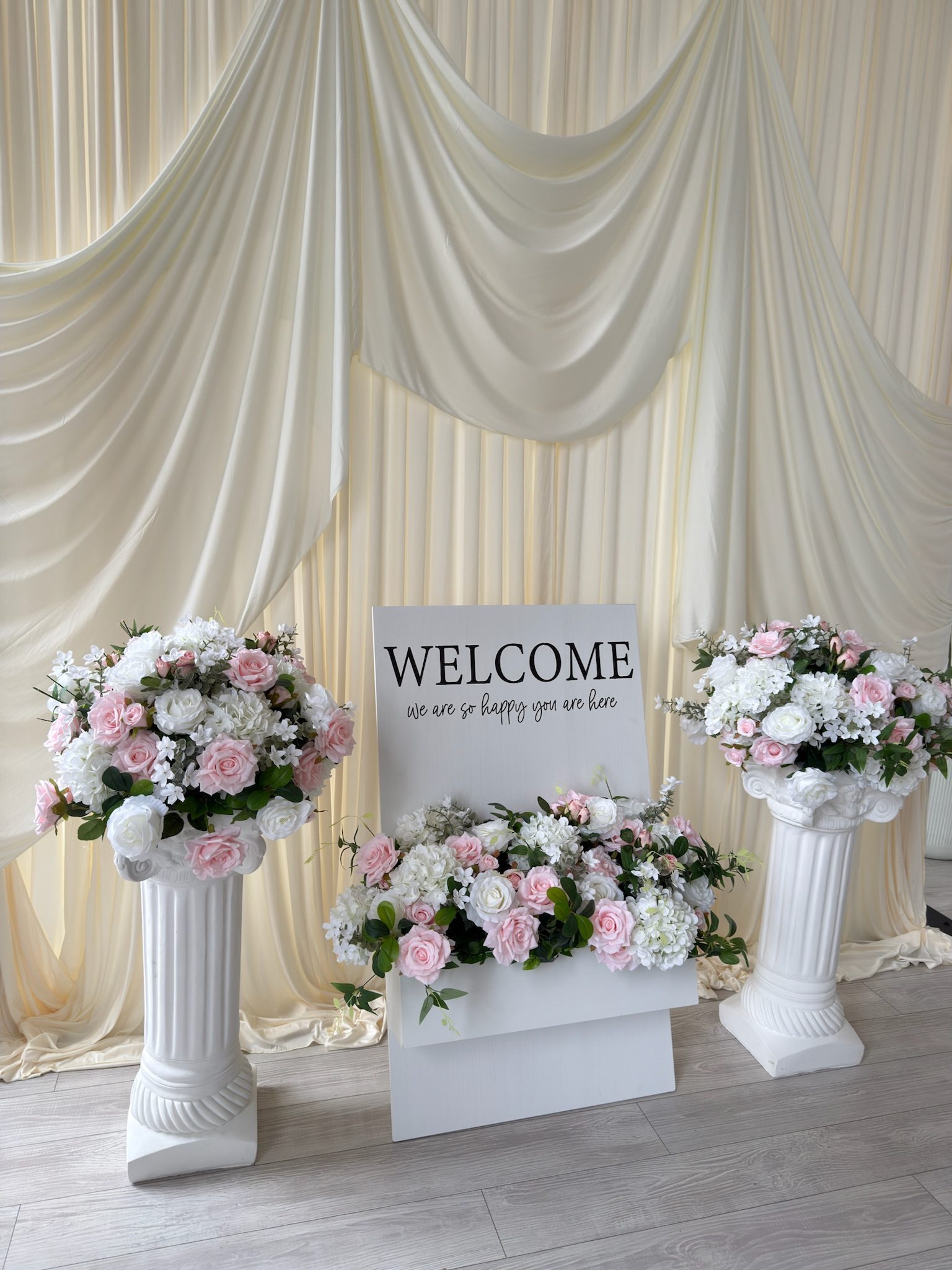 Roman pillar welcome display with faux florals Salem Oregon